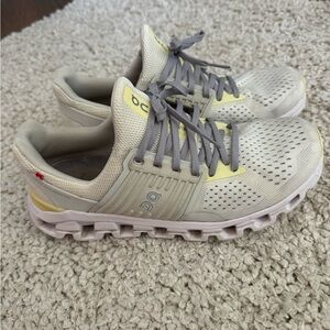 On Cloud Tennis Shoes (Gray, White, and Yellow)